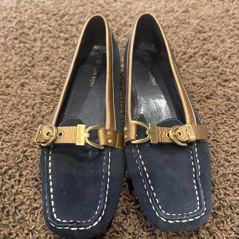 Etienne Aigner Navy Suede Metallic Bronze Trim Buckle Loafers Shoes Womens 7M
